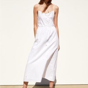 zara white eyelet dress midi bow back tie Small NWT